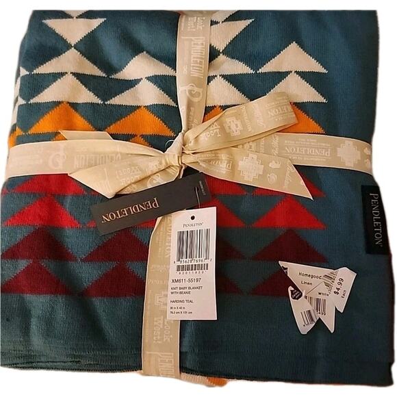 Pendleton Knit Baby Blanket 30 x 40 with Beanie Set Harding Teal Pattern NWT - Picture 3 of 6